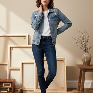 GAP Hand Painted crazy chicken lady Light Blue Denim Jean Jacket for Women